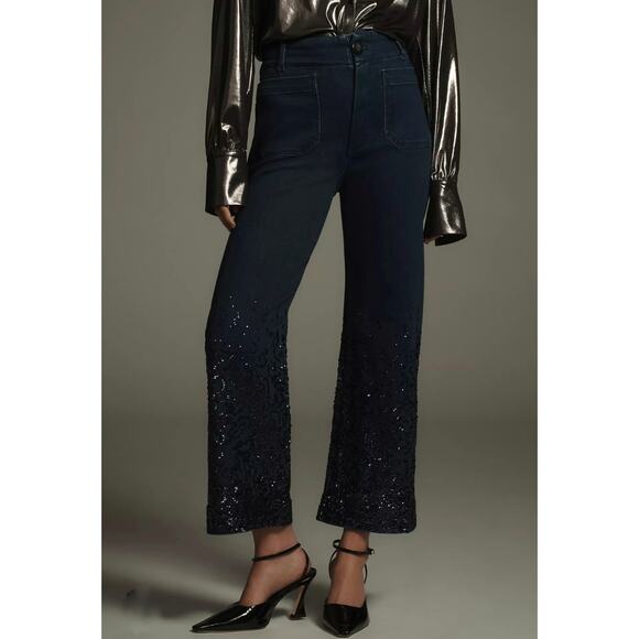 Maeve Anthropologie The Colette Wide Leg Cropped Pant Sequin Denim Plus Size 18 - Picture 1 of 10